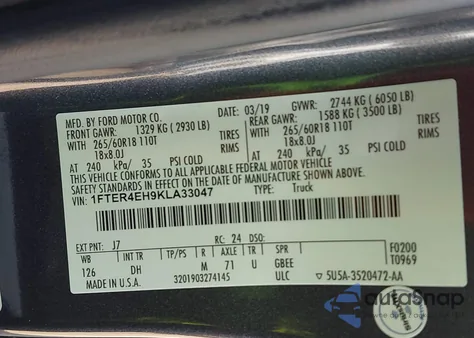 2019 Ford Ranger Lariat from USA, damaged, VIN 1FTER4EH9KLA33047